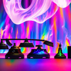 Colorful vintage telephones on reflective surface with swirling lights and smoke patterns