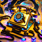 Vintage golden telephone with glowing blue buttons on neon abstract background