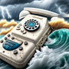 Vintage telephone in stormy ocean with lightning.