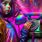 Colorful makeup person holding vintage rotary phone in neon-lit setting