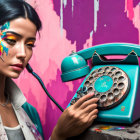 Woman with glitter makeup holding vintage rotary phone against vibrant graffiti wall