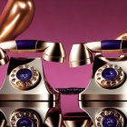 Vintage Golden Telephones with Blue Rotary Dials on Purple Background