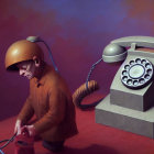 Person in Orange Helmet with Clipboard Beside Vintage Rotary Phone