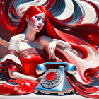 Surreal digital artwork of red-haired female with retro telephone