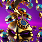 Vintage Phone with Golden Finish and Blue Gemstones on Opulent Purple Background