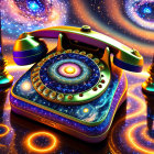 Cosmic-themed vintage telephone with galaxy patterns on starry backdrop