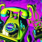 Colorful surreal scene with oversized rotary phones and abstract shapes in neon colors.