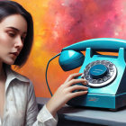 Woman with braid on vintage blue telephone against vibrant abstract background