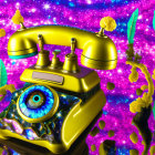 Vintage telephone with eye on body against cosmic background