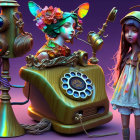 Whimsical artwork of vintage telephone and girl with vibrant colors