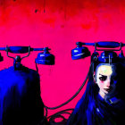 Stylized artwork of female face with dark hair among antique telephones on red background