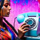 Colorful Makeup Woman Holding Retro Telephone Against Graffiti Background