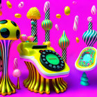 Colorful Vintage Telephone and Candy-like Objects on Vibrant Pink Background