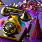 Vintage golden telephone on geometric block in surreal purple space