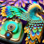 Colorful Peacock-Themed Telephone Illustration in Blue, Green, and Gold