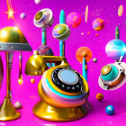 Colorful surreal artwork: gold rotary phone with planets and bubbles on magenta background