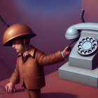 Colorful surreal illustration of person with oversized helmet and telephone speaking