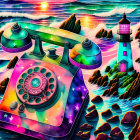 Vibrant psychedelic rotary phone illustration with cosmic theme