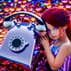 Red-Haired Girl with Futuristic Telephone on Glittering Background