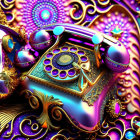 Vintage Rotary Phone with Metallic Gold, Purple, and Blue Designs