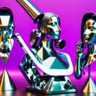 Abstract humanoid face sculptures in metallic against vibrant purple backdrop