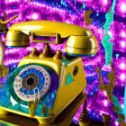 Surreal floating yellow rotary phone with purple tendrils