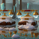 Vintage gramophones in snowy winter forest scene with ice reflections