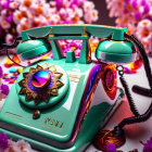 Vintage Turquoise Telephone with Mandala Design on Purple Flowers Background