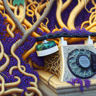 Vintage telephone surrounded by vines and berries on stone structure in tangled forest setting