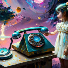 Young girl in white dress with flowers gazing at vintage phone in cosmic background