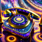 Vintage Telephone with Cosmic Galaxy Design on Sparkling Background