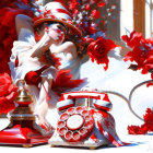 Illustrated Woman in Red and White Outfit with Feathers Next to Vintage Red Telephone