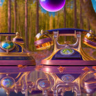 Vintage telephones with ornate designs in mystical forest with purple orbs.