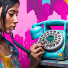 Colorful woman with paint on face holding blue rotary phone on vibrant background