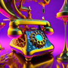 Colorful surreal artwork: melted rotary phone, golden branches, vibrant purple background