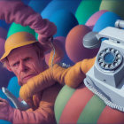 Surreal illustration: character with elongated arm dialing retro telephone