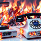 3D vintage telephone and answering machine engulfed in flames on reflective surface