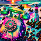 Surreal landscape transformed into vintage rotary phone against starry sky