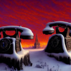 Vintage telephones in snowy surreal winter landscape