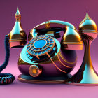 Colorful Abstract Art: Vintage Rotary Phone on Purple Background