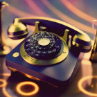 Vintage Black and Brass Rotary Dial Telephone on Reflective Surface