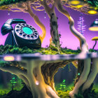 Surreal landscape with vintage phone, glowing trees, mushrooms, purple sky