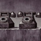 Surreal painting with old-fashioned telephones and apprehensive child