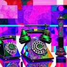 Colorful Digital Artwork: Rotary Telephones & Tower on Patchwork Background