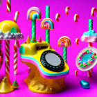 Colorful retro telephone surrounded by candy on pink background