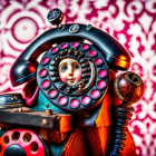 Whimsical rotary phone with doll face dial, gemstone buttons, and patterned background