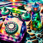 Psychedelic rotary phone illustration with lighthouse, saucers, cosmic ocean