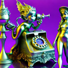 Colorful retro-futuristic figures with vintage telephone on purple background