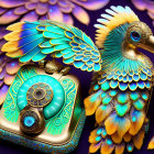 Intricate peacock-themed telephone with blue, gold, and purple feather details