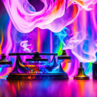 Colorful Traditional Balance Scale with Dynamic Light and Smoke Background